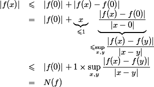\begin{array}{lcl}|f(x)| &\leqslant& |f(0)| + |f(x)-f(0)|
 \\ &=& |f(0)| + \underbrace{x}_{\leqslant 1}\underbrace{\dfrac{|f(x)-f(0)|}{|x-0|}}_{\leqslant \displaystyle\sup\limits_{x,y}\dfrac{|f(x)-f(y)|}{|x-y|}}
 \\ &\leqslant& |f(0)| + 1\times \sup\limits_{x,y}\dfrac{|f(x)-f(y)|}{|x-y|}
 \\ &=& N(f)
 \\ \end{array}